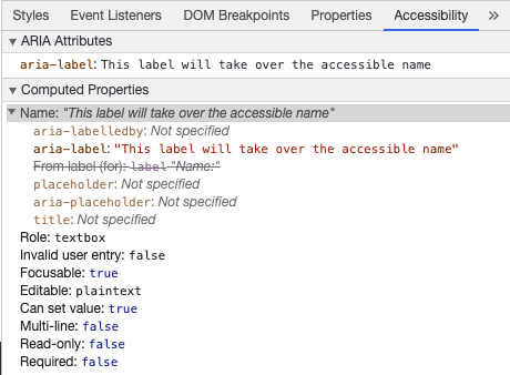 Chrome デベロッパー ツールが、入力欄が aria-label から得たアクセシブルな名前を表示している